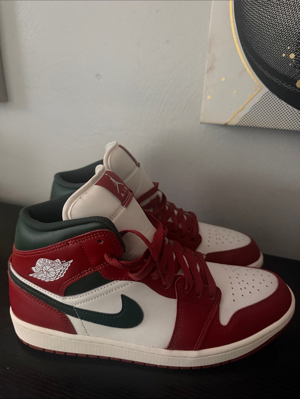 Jordan Retro High-Top Sneakers in White, Red & Dark Green